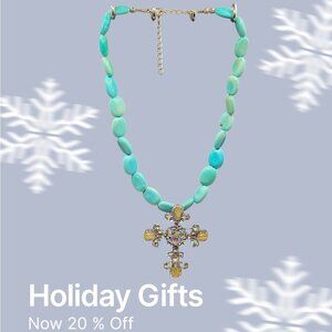 Turquoise Necklace Cross Crystal Pendant Statement 16”